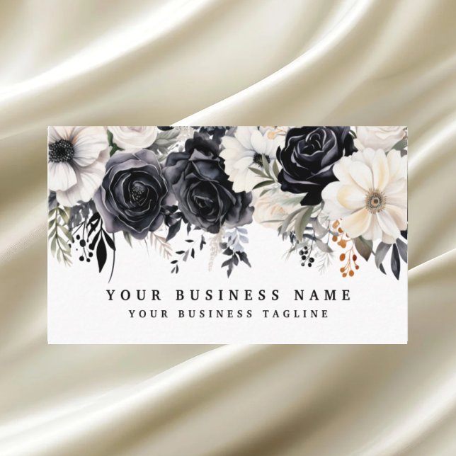 Elégant noir blanc Fleurs d'argent Cartes de visit (Créateur téléchargé)