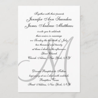 Elégant Noir Blanc Mariage Invitations Initiales