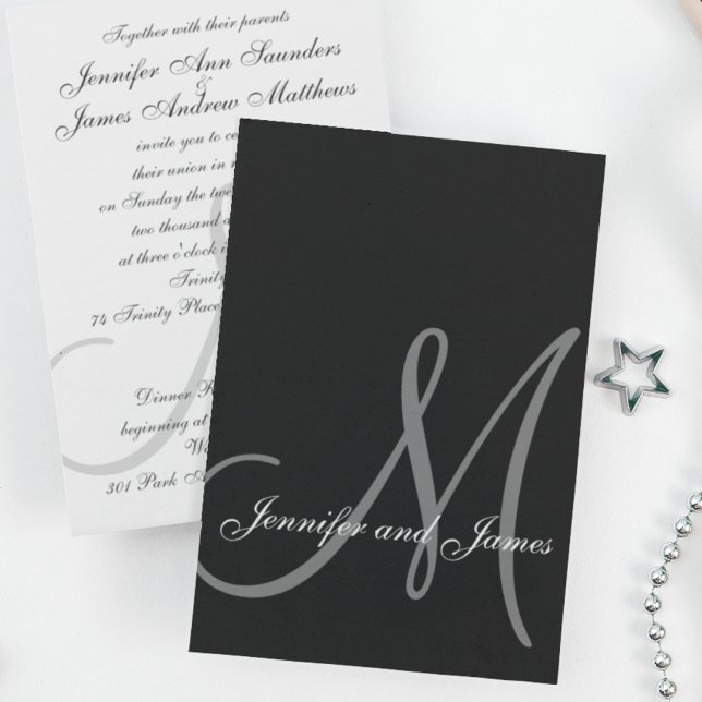 Elégant Noir Blanc Mariage Invitations Initiales (Créateur téléchargé)