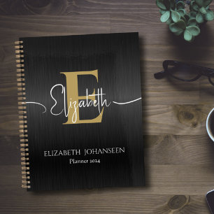 Elégant Noir brossé métal or Monogramme Journal