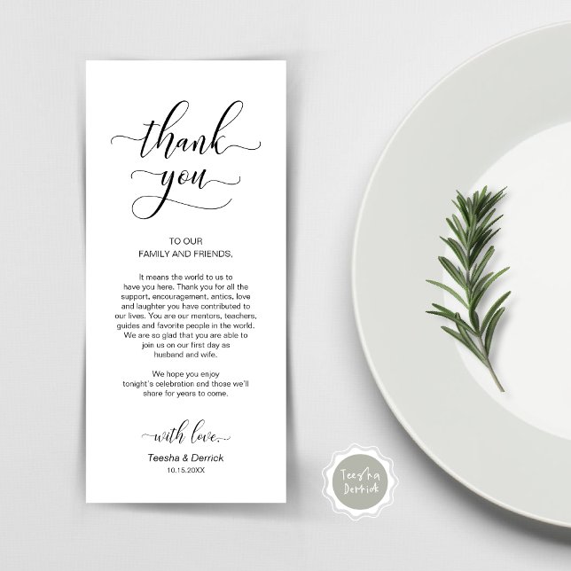 Élégant noir classe, Carte de remerciements de rég (Wedding Dinner Place Setting Thank You Card, Plate Decor, Modern Classy, in Black and White)