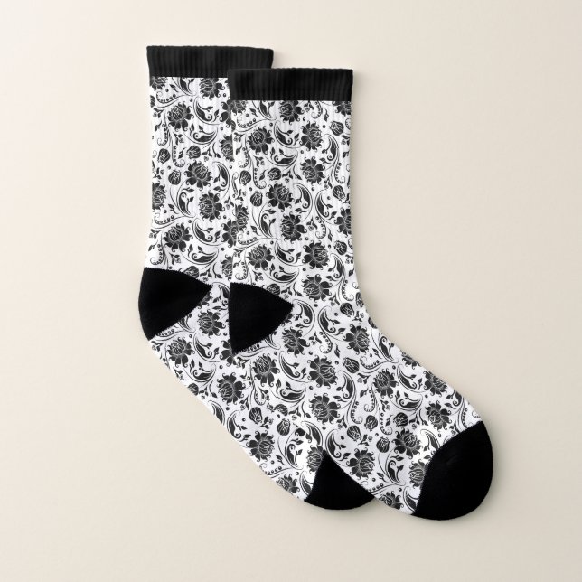 Élégant noir et blanc damas florales motif (Paire)