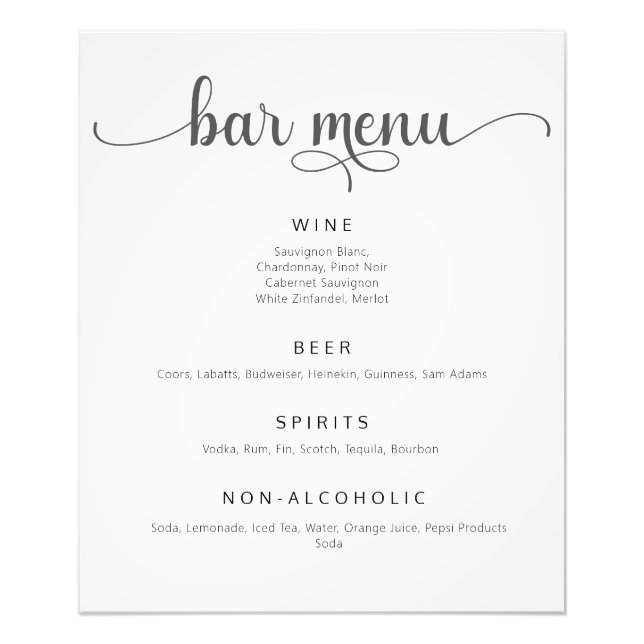 Elégant noir et blanc Mariage Bar Menu Poster (Devant)
