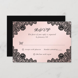 Elégant Noir et Blush Floral Lace Wedding RSVP