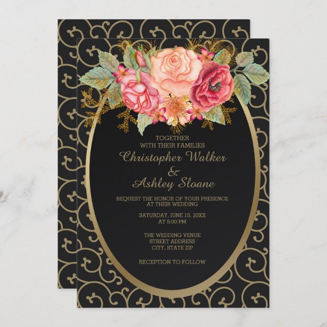 Elégant Noir et Or avec mariage Rose Invitation (Devant / Derrière)