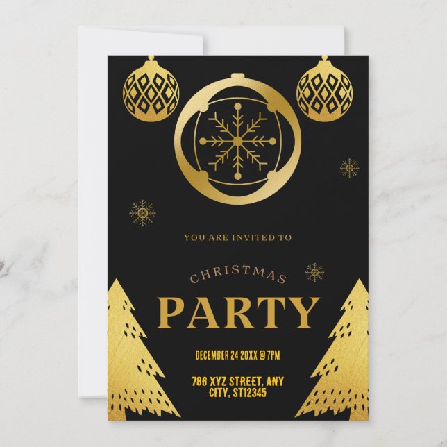 Élégant Noir et Or Noël Fête Invitation (Devant)