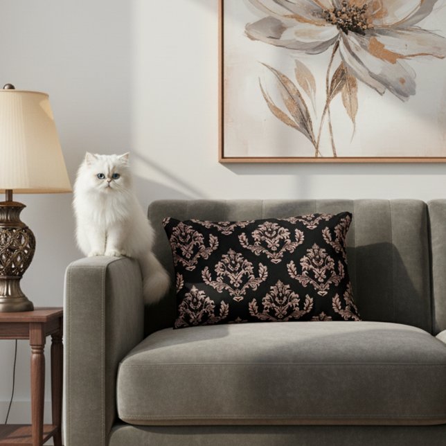 Elégant noir et Rose  Damask Accent Coussin (Black and rose gold damask accent pillow.)