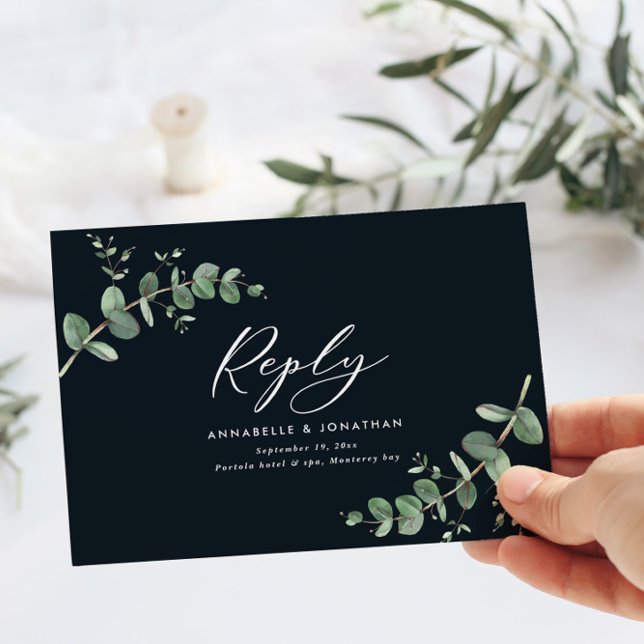 Elégant noir Eucalyptus Verdure Mariage RSVP (Créateur téléchargé)