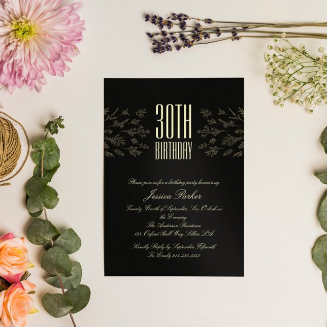 Elégant noir floral Invitation minimale (Créateur téléchargé)