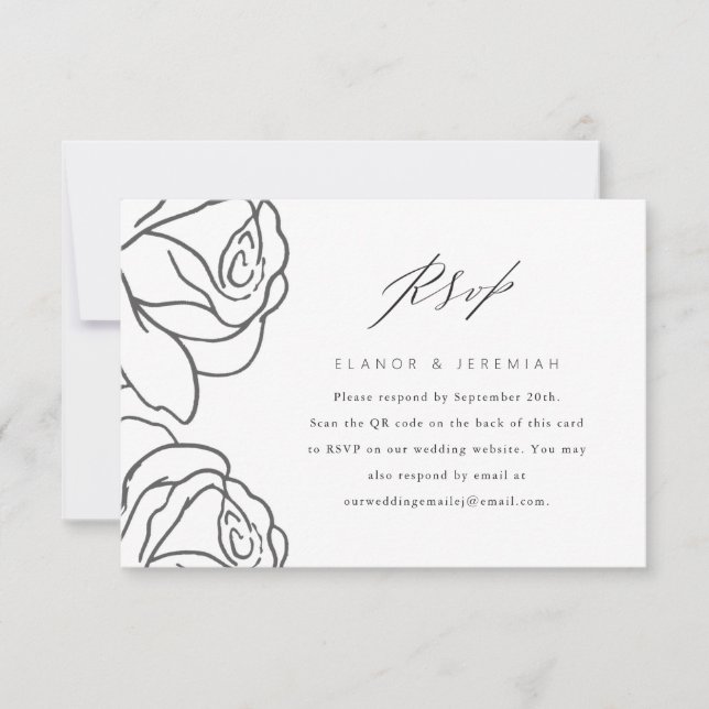 Elégant Noir Floral Mariage RSVP avec QR Code (Devant)