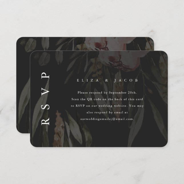 Elégant Noir Floral Mariage RSVP avec QR Code (Devant / Derrière)