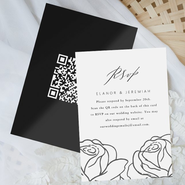 Elégant Noir Floral Mariage RSVP avec QR Code (Créateur téléchargé)