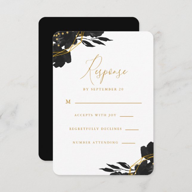 Elégant Noir Floral Or Mariage Rsvp (Devant / Derrière)
