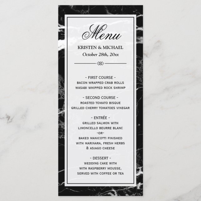 Elégant noir marbre blanc Mariage Menu Modèle (Devant)