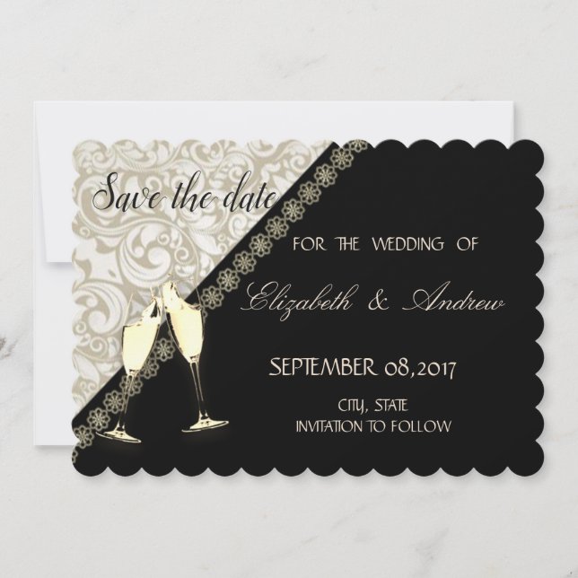 Élégant noir, mariage damassé, carte "save the dat (Devant)