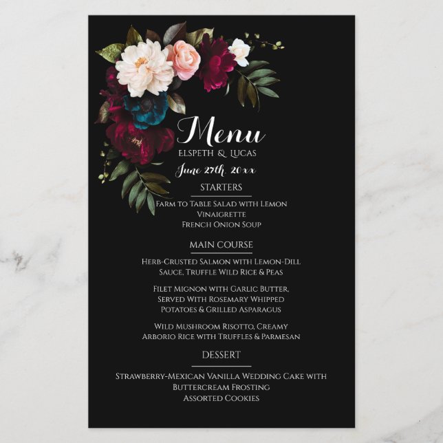Élégant noir Mariage menu Modèle (Devant)