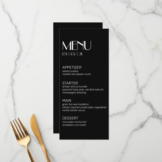 Elégant Noir moderne avec Mariage blanc Menu (Devant/Arrière en situation)