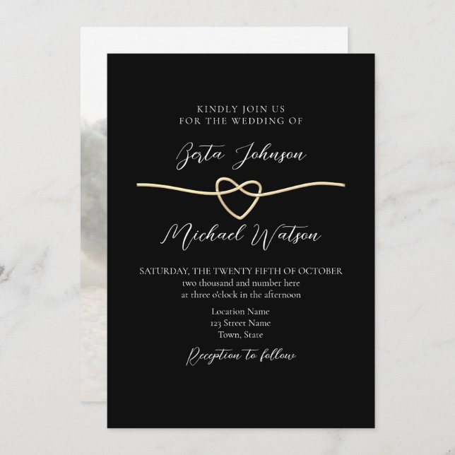 Elégant Noir Noir minimaliste Mariage Invitation (Devant / Derrière)