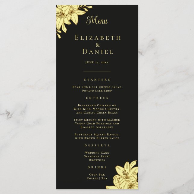 Elégant Noir & Or avec Lilies Menu Mariage (Devant)