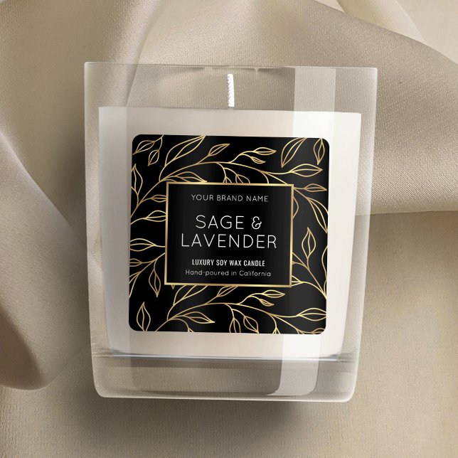 Élégant noir & or Floral Chic produit Étiquette de (Elegant faux gold effect square product labels with floral background)