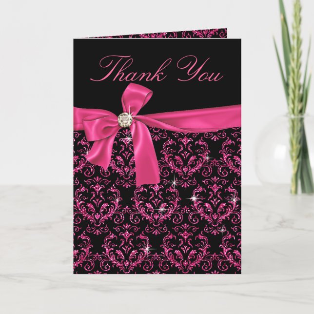 Elégant noir rose Damask Diamond Bow Merci (Devant)