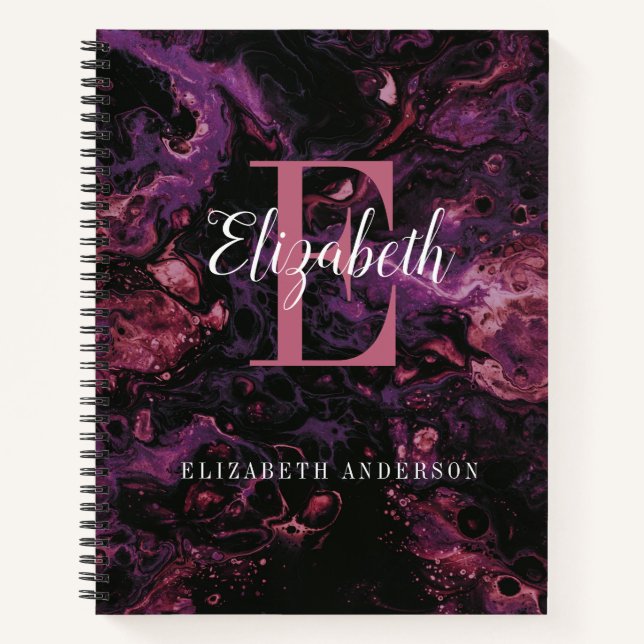 Élégant noir rose Monogramme Script Carnet en marb (Devant)