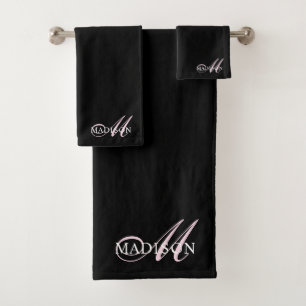 Élégant noir rose Monogramme Script Nom initial