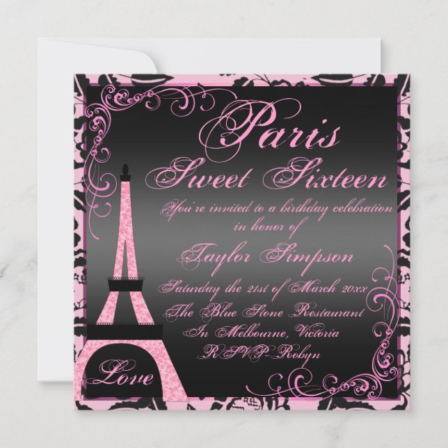 Elégant Noir & Rose Paris Sweet16 Invitation d'ann (Devant)