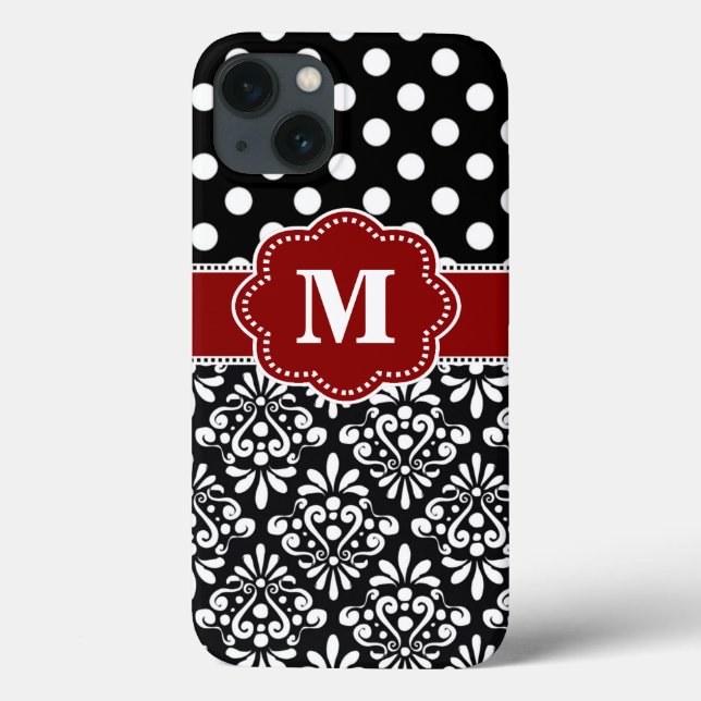 Élégant Noir Rouge Dot Damask Coque Monogramme (Verso)
