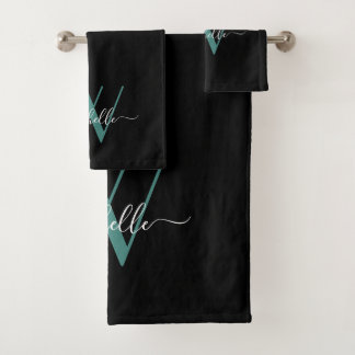 Élégant noir Turquoise Monogramme Nom Script Servi
