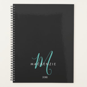 Élégant Noir Turquoise Script Monogramme moderne