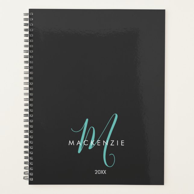 Élégant Noir Turquoise Script Monogramme moderne (Devant)
