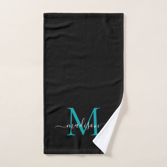 Élégant noir Turquoise vert  Monogramme Nom du scr (Serviette à main)