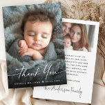 Elégant nouveau bébé photo faire-part merci<br><div class="desc">Nouveau carte de remerciements bébé avec votre photo et le texte "merci" sur le devant dans une police élégante de style manuscrit. Photo supplémentaire et message personnalisé au dos. Modifiez les couleurs,  déplacez et redimensionnez les éléments de l'outil de conception.</div>