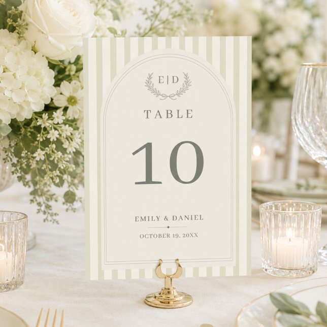 Élégant numéro de table de mariage à rayures vert  (Créateur téléchargé)