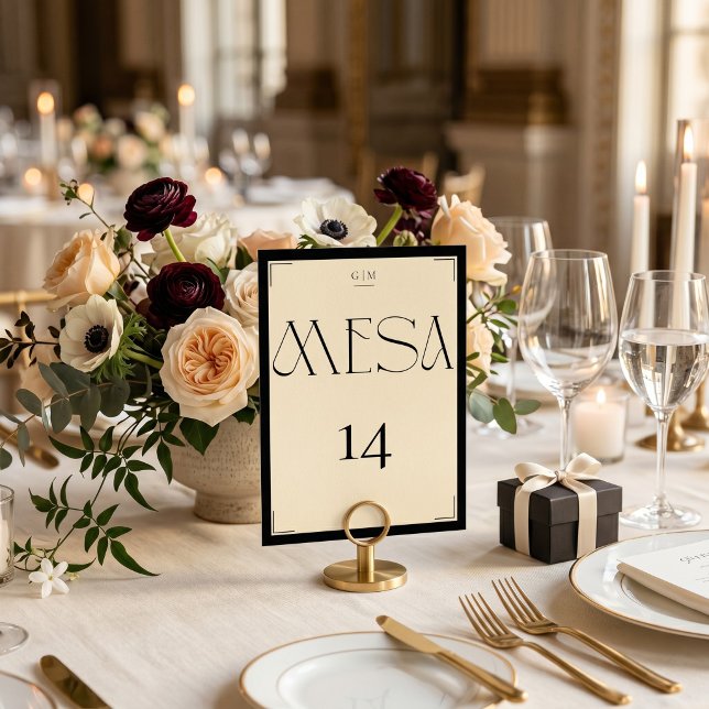 Élégant Numéro de Table Monogramme Crème Noir Espa (Créateur téléchargé)