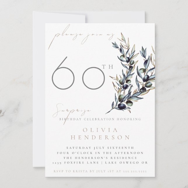 Elegant Olive Branch Surprise Birthday Invitation (Devant)