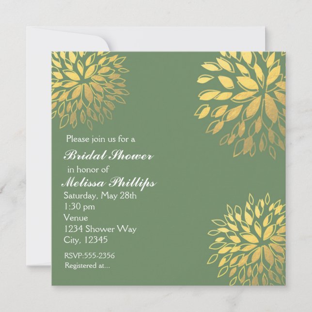 Élégant Olive Green Gold Foil Floral Invitation (Devant)