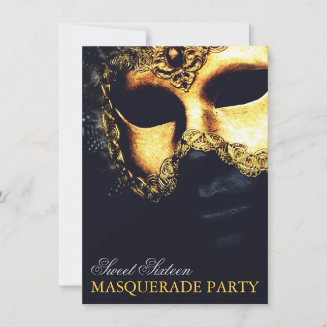 Elégant Or Black Sweet 16 Invitations Masquerade (Devant)