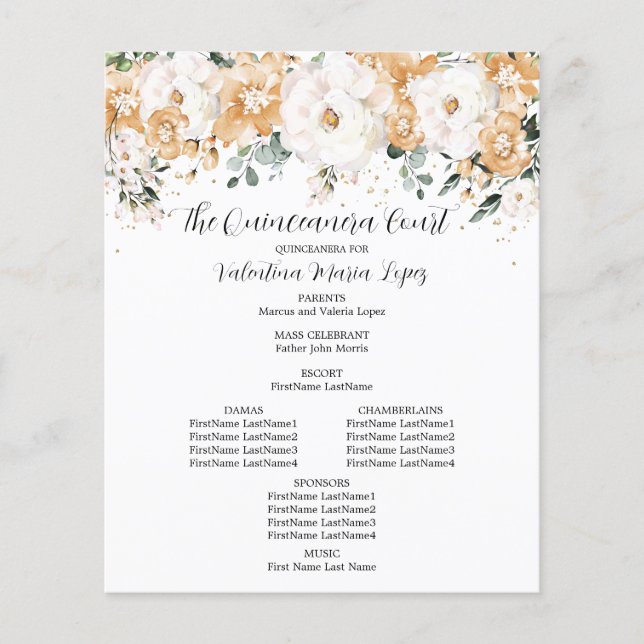 Élégant or blanc Rose Floral Quinceanera Programme (Devant)