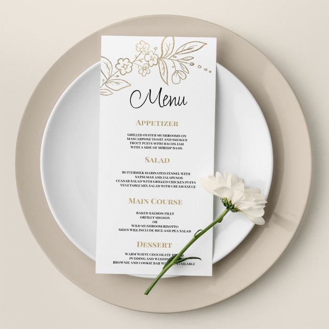 Elégant or blanc simple Mariage à fleurs Menu (Elegant white gold simple floral Wedding Menu)