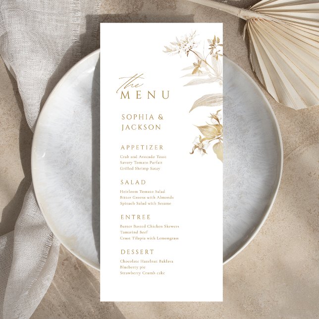 Elégant or Botanique Floral Mariage Menu (Elegant Gold Botanical Floral Wedding Menu)