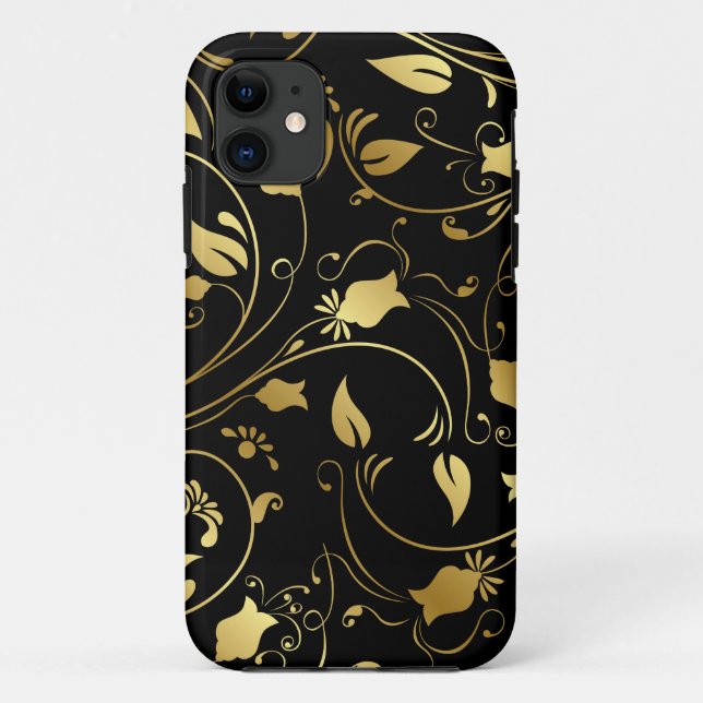 Élégant or et coque iphone floral noir (Dos)
