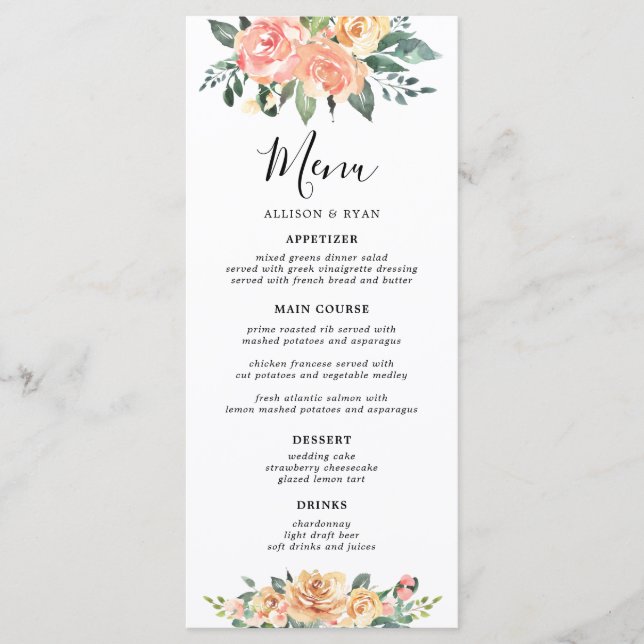 Élégant or et Pêcher Floral Menus Mariage (Devant)