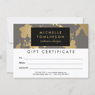 Élégant or Floral motif gris certificat cadeau cad