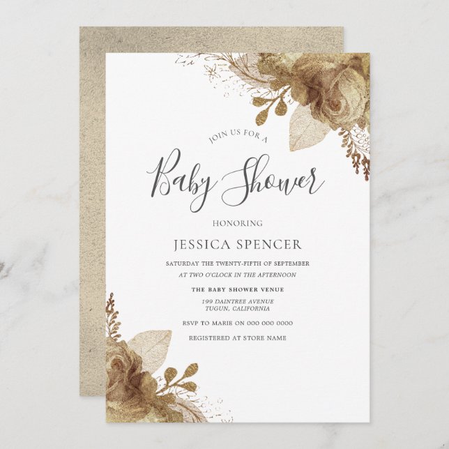 Elégant or Floral Neutral Baby shower Invitation (Devant / Derrière)