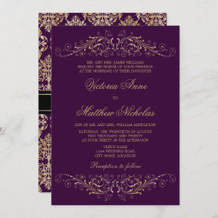 Elégant Or Flourish Damask Eggplant Invitations