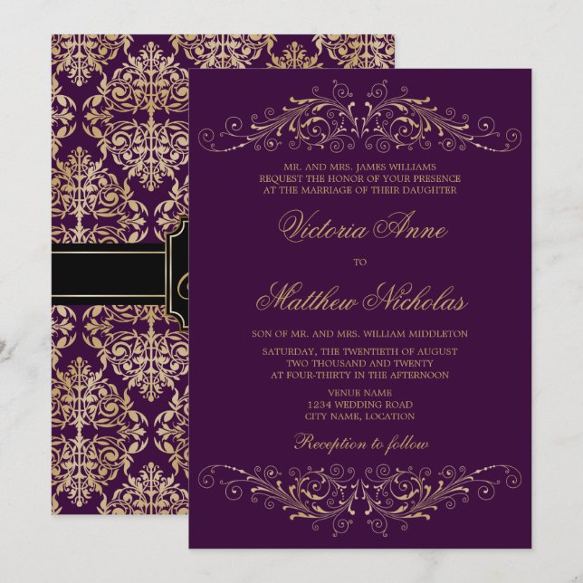 Elégant Or Flourish Damask Eggplant Invitations (Devant / Derrière)