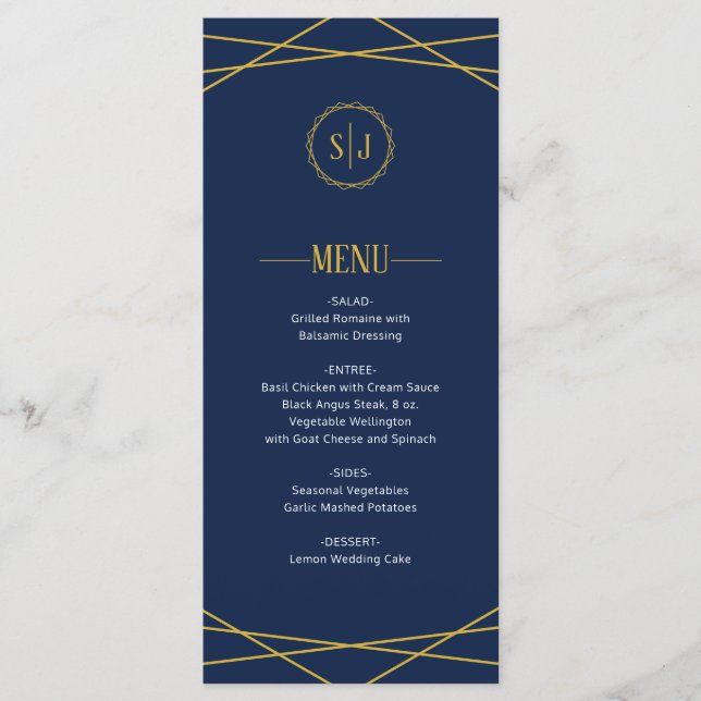 Elégant Or Géométrique | Menu Mariage bleu foncé (Devant)