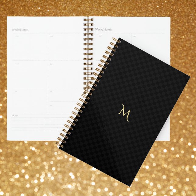 Élégant or Monogramme Noir À damiers annuel (Elegant Gold Monogrammed Black Checkered Yearly Planner)